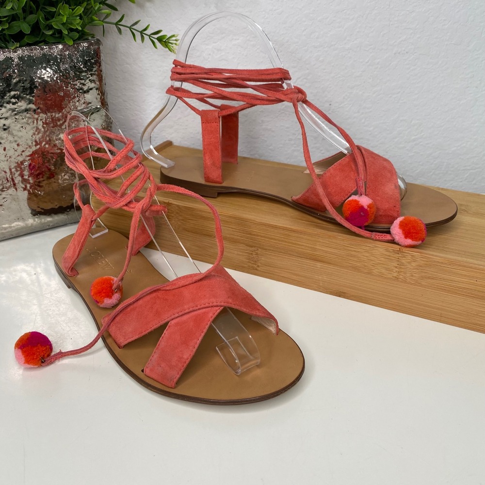 J.Crew‎ Gladiator Sandals Womens Pink Suede Pom Pom Lace Up Boho 7